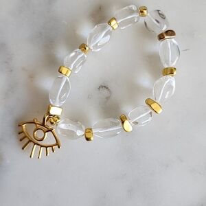 Clear Quartz Beaded Bracelet with Evil Eye